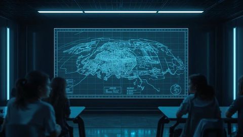 Analysts observing grid map in high-tech control room