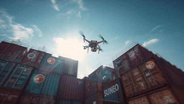 Backlit drone hovering over rusted shipping containers at industrial port with lens flare