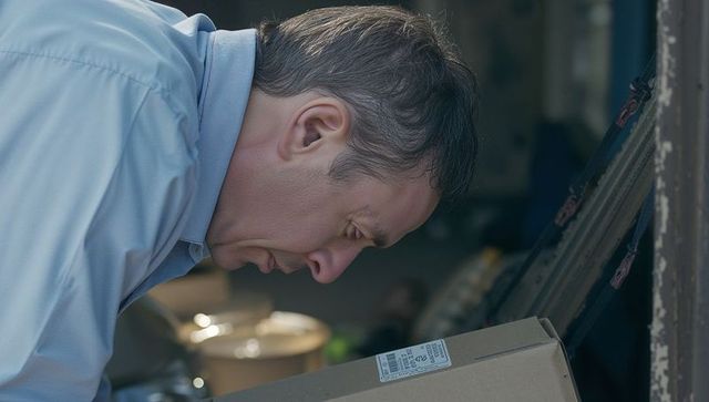 Man inspecting sealed cardboard box in garage leaning forward reading postal barcode label