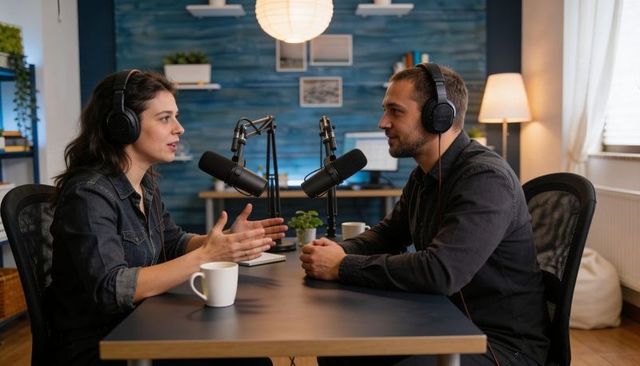 Podcasters recording lively interview in cozy home studio with professional microphones