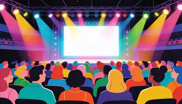 Vibrant Audience Watching Bright Projection Screen in Colorful Theater with Stage Lights