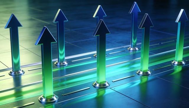 Rising neon arrow columns with teal gradient on reflective metal grid