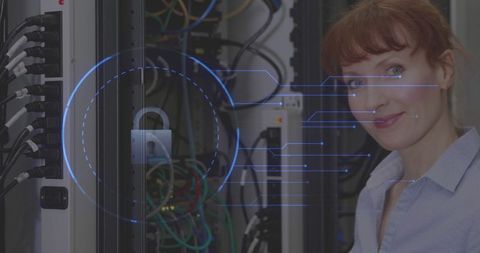 Smiling Woman in Server Room Enhanced with Digital Lock Overlay - Download Free Stock Images Pikwizard.com