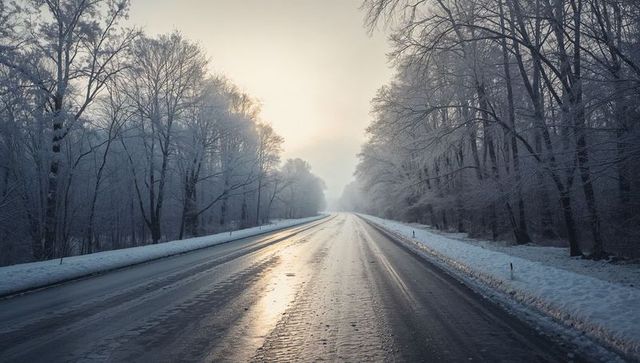 Sunlit icy country road stretching through frosted forest at dawn