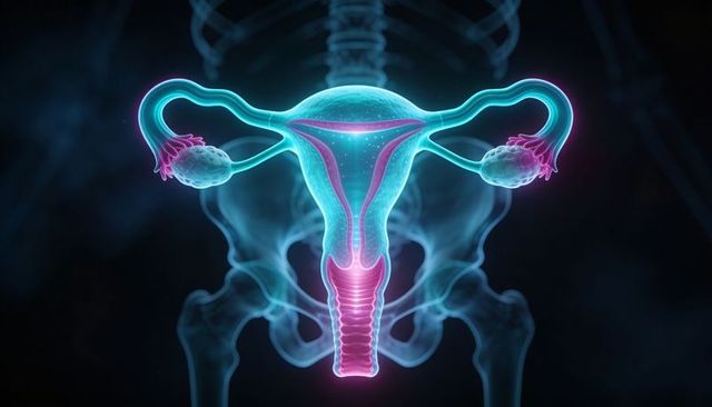 Neon anatomical uterus and ovaries glowing over pelvic skeleton 3D medical illustration