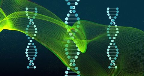 Flowing neon-green ribbon weaving through teal digital field with pale-blue DNA helices
