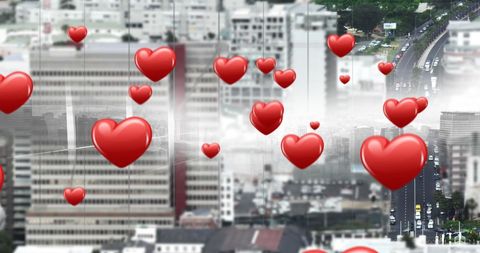Cityscape with Floating Heart Icons Representing Love and Connectivity