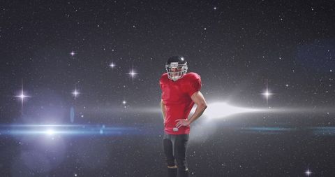 Rugby Player in Space with Stars and Light Trails