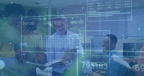 Office Team Analyzing Reports with Digital Data Overlays