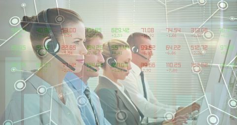 Call Center Staff Coordinating Financial Data on Headsets