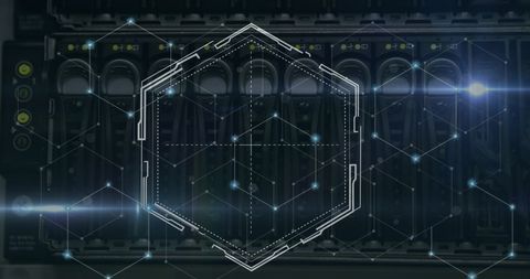 Digital interface overlaying modern server hardware