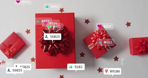 Festive red gift boxes with social media interactions