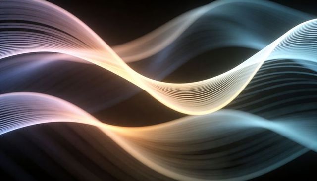 Undulating Luminescent Ribbons in Amber and Cyan Flowing Across Dark Gradient with Halo Striations