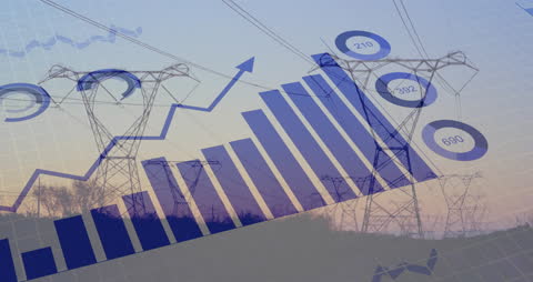 Data Processing Animated Over Power Lines at Dusk
