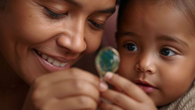 Smiling mother and toddler exploring vintage green-blue enamel compact in cozy portrait