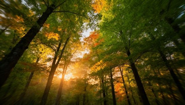 Sunlit Autumn Canopy Reaching Above Misty Temperate Forest with Golden Sunbeams and Vibrant Foliage
