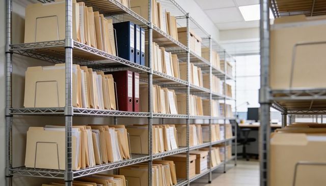 Organized archive shelving holding manila folders, binders and storage boxes in office