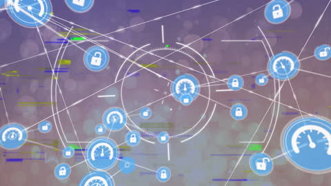Network of Digital Security and Data Icons on Abstract Background