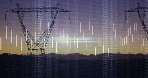 High-voltage transmission tower silhouette at dusk with digital energy data overlay