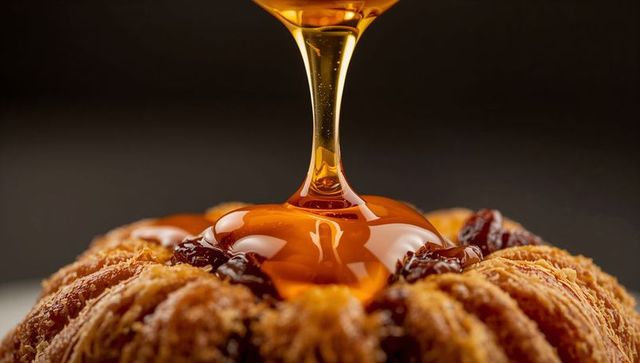 Pouring amber syrup glazing bundt pastry with raisins and sparkling sugar crystals