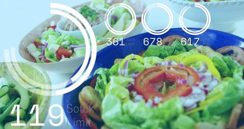 Displaying fresh salad in blue bowl with circular infographic overlay and numbers