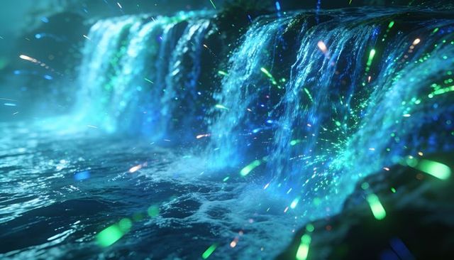 Neon waterfall cascading into foamy pool with bioluminescent-like glowing particles