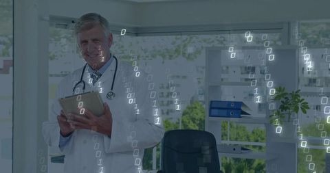 Doctor Using Tablet with Digital Data Overlay in Modern Office