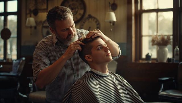 Barber cutting and styling young man in vintage barbershop wearing striped cape