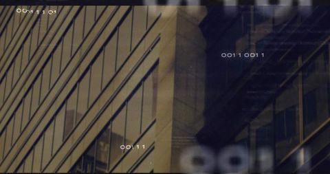 Glass office corner with diagonal mullions, reflections and digital numeric overlay