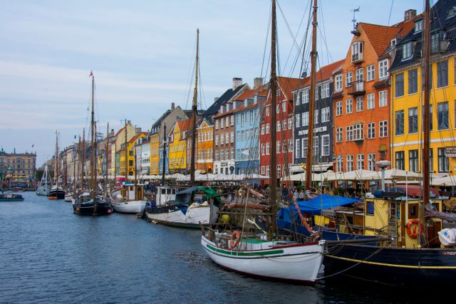 Lovely urban scene showcasing the vibrant Nyhavn canal in Copenhagen with its scenic waterfront and colorful historic buildings. Ideal for travel brochures, tourism advertisements, European city guides, and websites promoting cityscapes.
