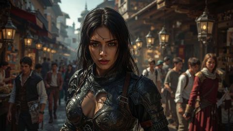 Female assassin warrior in ornate armor surveying bustling medieval marketplace