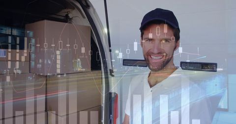 Smiling Delivery Man with Packages and Financial Data Overlay