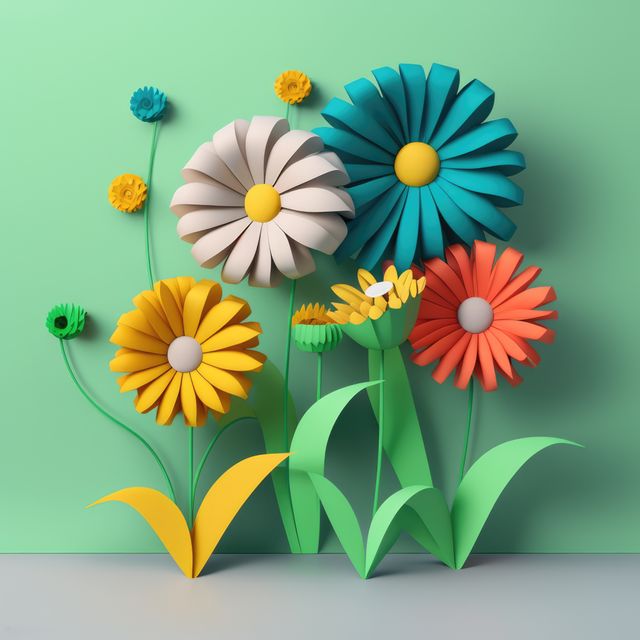 Vibrant paper flower art featuring various colors including blue, yellow, white, and red flowers against a pastel green background. Ideal for use in art and craft magazines, DIY project blogs, educational materials for children, and design inspiration for interior decor and greeting cards.