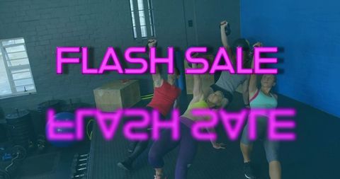 Group lunging kettlebell circuit with neon flash sale overlay for gym promotion