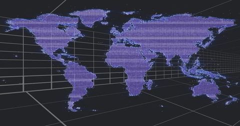 Displaying purple holographic world map with grid glowing data points for tech networks