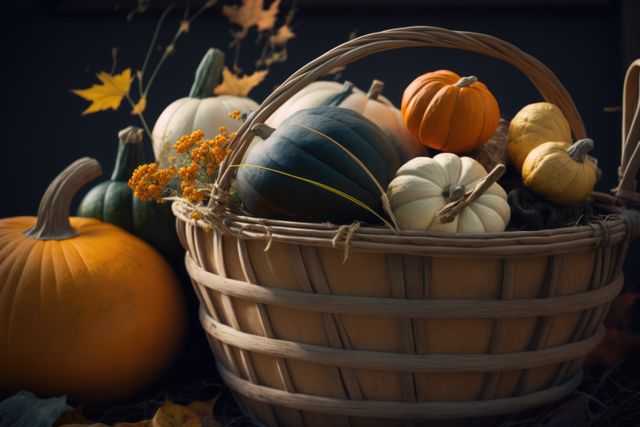 The image depicts a woven basket overflowing with a variety of pumpkins and gourds in different colors, set against an autumn scene with scattered fallen leaves. Suitable for use in Thanksgiving and harvest-themed designs, advertisements, and social media posts to evoke the essence of the fall season and its bountiful harvest.