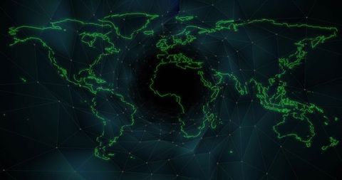 Neon green world map vortex connecting global network with polygon mesh and glowing nodes