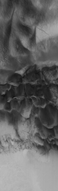 This Mars Global Surveyor MGS Mars Orbiter Camera MOC image shows  streaks created by late spring and early summer dust devils on a field of  dark sand dunes on the floor of Hooke Crater