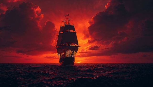 Majestic sailing ship silhouette in dramatic crimson sunset