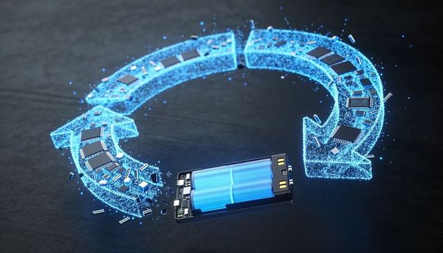 Holographic battery pack with fragmenting circuit arrow showing energy flow and recycling