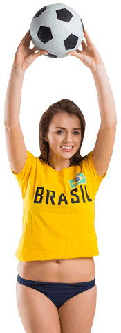 Happy female in brazil jersey with soccer ball on white background