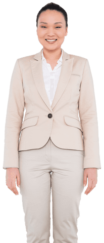 Transparent Smiling Asian Businesswoman in Professional Attire