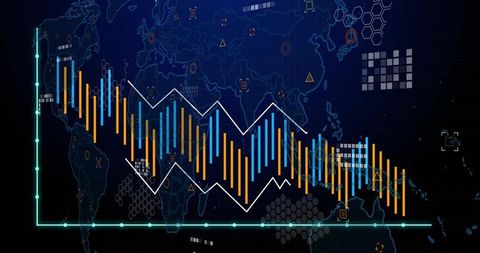 Futuristic global market dashboard showing neon bar chart and trend lines