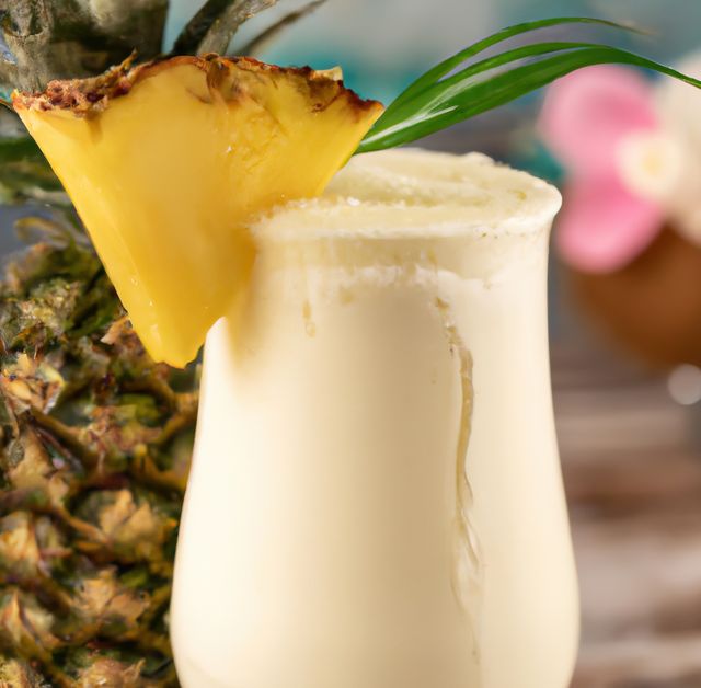 Smooth and creamy pina colada with fresh pineapple garnish captures essence of tropical vacation. Perfect for summer party advertisements, cocktail menus, or magazine articles on exotic drinks.