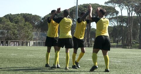 Diverse Soccer Team Celebrating Success Outdoors