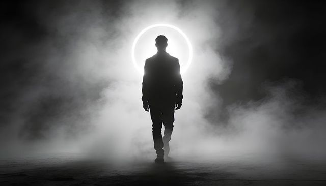 Silhouetted man walking through fog with glowing halo ring, dramatic backlit noir