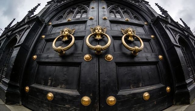 Framing gothic double doors featuring gilded female head knockers, ornate brass studs