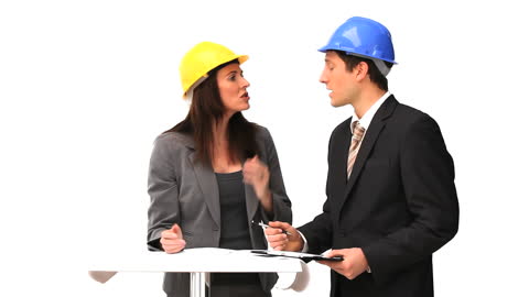 Two Architects Consulting with Hard Hats on White Background