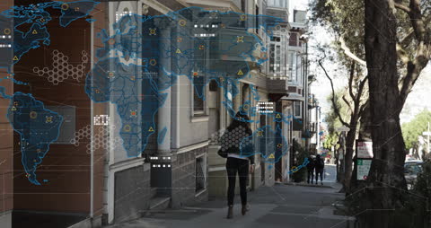 World Map Overlay with Technology Icons on Urban Walkway