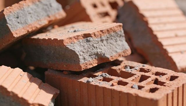 Sunlit red hollow bricks stacking with mortar residue clay masonry close-up